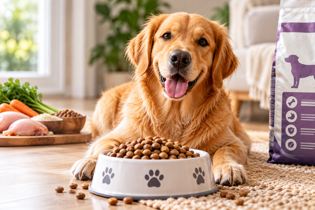Cachorro diante de uma tigela de ração em ambiente doméstico.